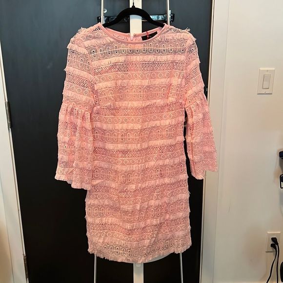 Nwt Cynthia rowley pink crochet and fringe mini dress w bell sleeves - size 6 - Picture 1 of 4